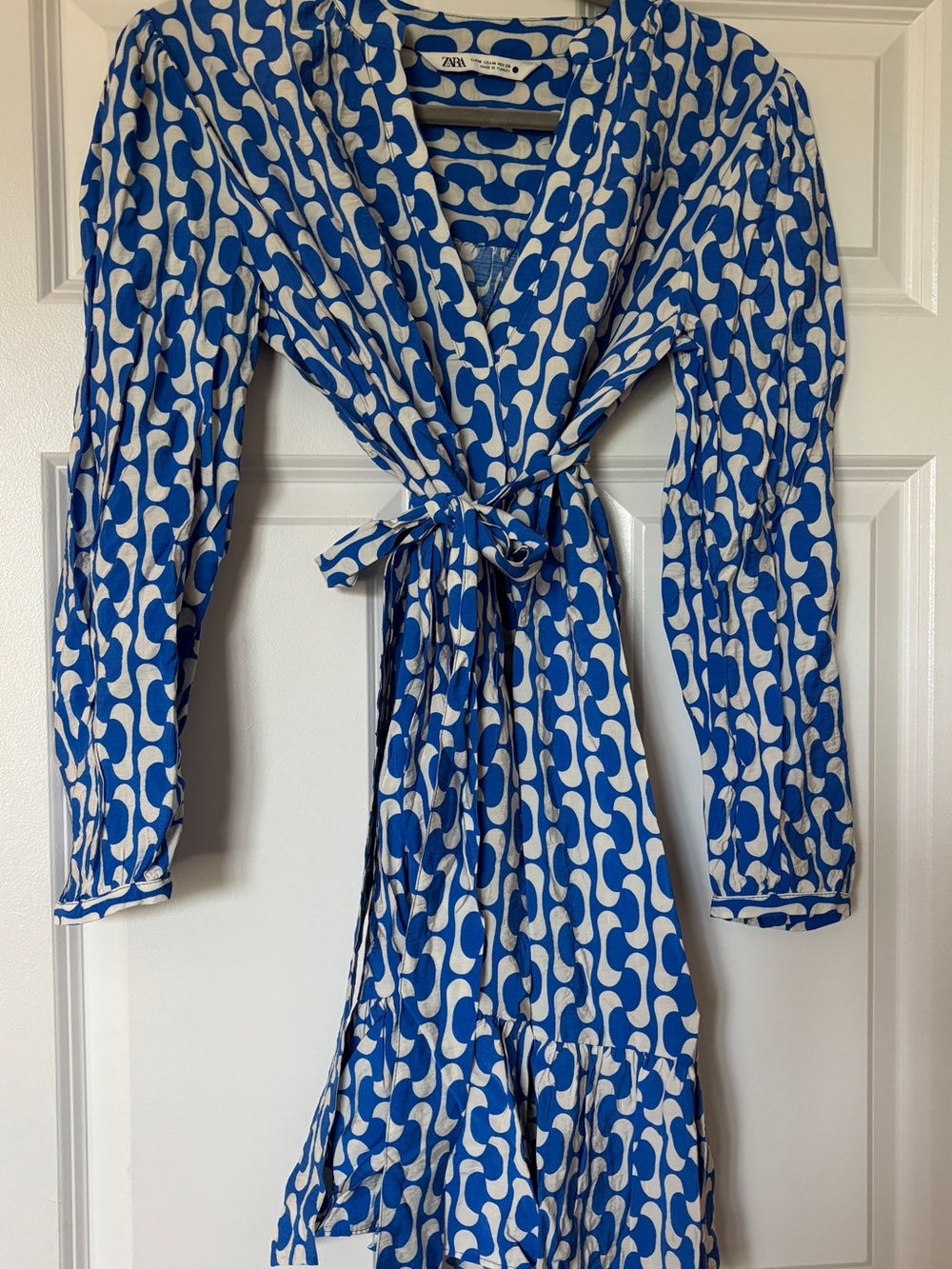 Zara Blue and White Long Sleeve Wrap Dress